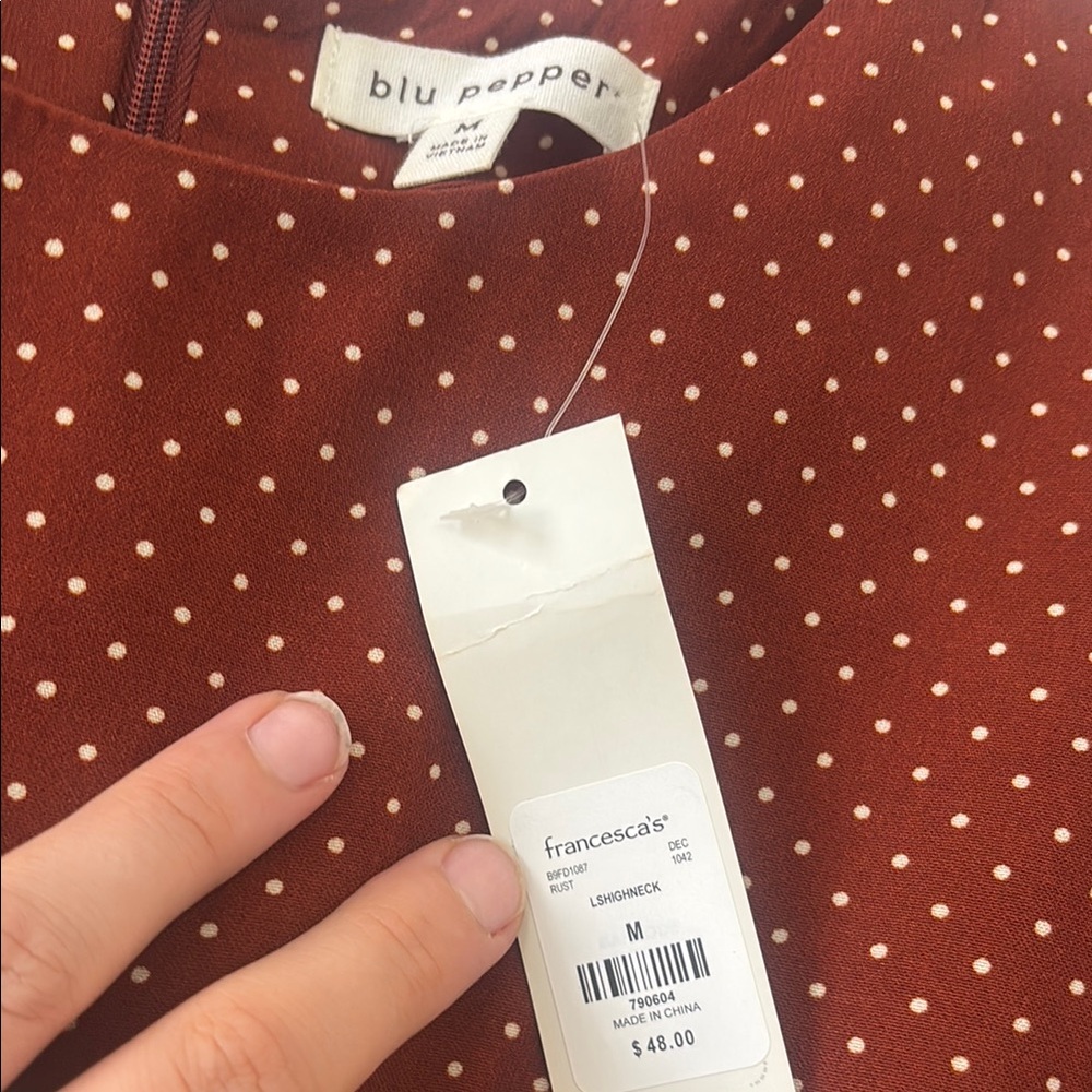 🌸 3/$15 NWT: Francesca Rust Polka Dot Faux Wrap Dress - Picture 3 of 10